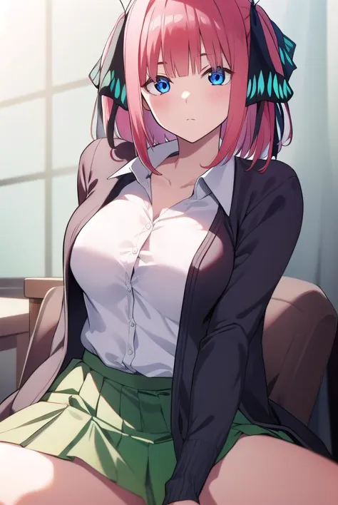 anime girl with pink hair and green skirt sitting on a chair