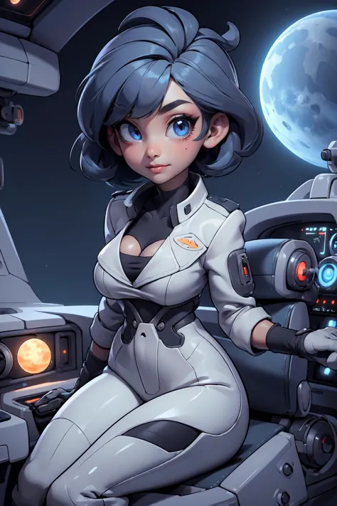 a woman in a futuristic suit holding a gun in front of a moon