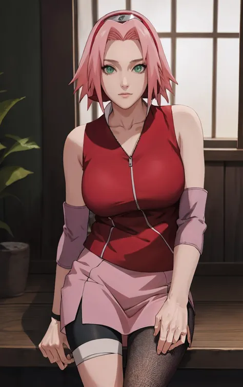 NARUTO_Sakura_Combat_ownwaifu,
1girl, haruno sakura, short hair, pink hair, green eyes, hair intakes, collarbone, forehead protector, headband, red hairband, konohagakure symbol,
bare shoulders, bandages, sleeveless jacket, red jacket, bike shorts, black shorts, leg wrap, bandaged leg, elbow pads, zipper, 
((masterpiece)),((best quality)),(highres, absurdres), original, official_art, bokeh, depth_of_field, wisteria, loaded_interior, potted_plant, window_shade, indoors, spotlight, day, focused, looking at viewer, solo, cowboy shot, `