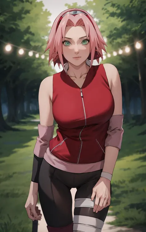 a woman with pink hair and a red top is standing in a park