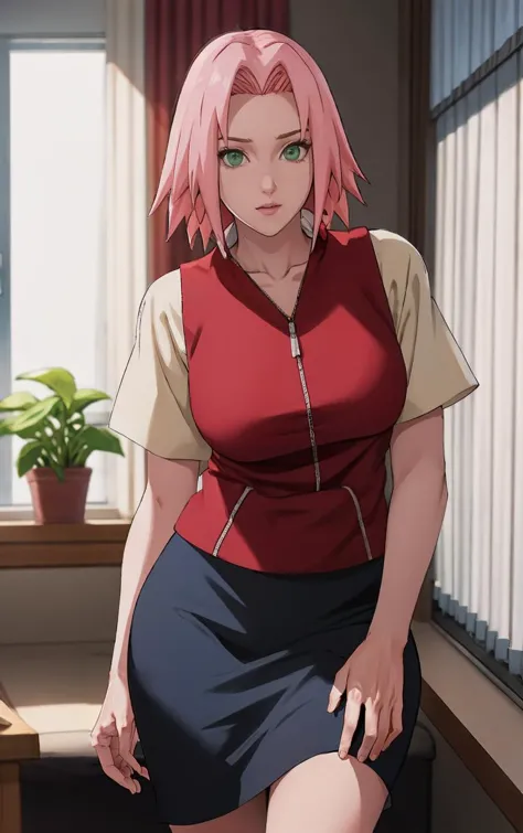 Naruto_sakura_casual_própriowaifu,
1 garota, Haruno Sakura, cabelo curto, cabelo rosa, olhos verdes, parteed bangs, ingestão de cabelo, Peito plano, clavícula,
manga curta, jaqueta sem mangas, colete vermelho,  vest, Camiseta vermelha, saia azul, saia lápis, zíper, zíper pull tab,
((obra de arte)),((melhor qualidade)),(alta resolução, absurdos), original, deficial_arte, cromático_aberração, Bokeh, Profundidade_de_campo, janela, wisteria, carregado_interior, luz solar manchada, pôr do sol, raio de Sol, dentro de casa, janela_sombra, janela_persianas, cortinas, vaso_plantar, focado, Olhando para o visualizador, Sozinho, tiro de vaqueiro,