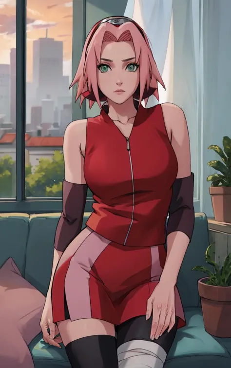 NARUTO_Sakura_Combat_ownwaifu,
1girl, haruno sakura, short hair, pink hair, green eyes, hair intakes, collarbone, forehead protector, headband, red hairband, konohagakure symbol,
bare shoulders, bandages, sleeveless, sleeveless shirt, sleeveless jacket, red shirt, red jacket, bike shorts, black shorts, leg wrap, bandaged leg, elbow pads, zipper, zipper pull tab,
<lora:NARUTO_SakuraHaruno_ownwaifu:0.7> ,
((masterpiece)),((best quality)),(highres, absurdres), original, official_art, chromatic_aberration, bokeh, depth_of_field, window, wisteria, loaded_interior, skylight,  sunset, sunbeam, indoors, window_shade, window_blinds, curtains, potted_plant, focused, looking at viewer, solo, cowboy shot,