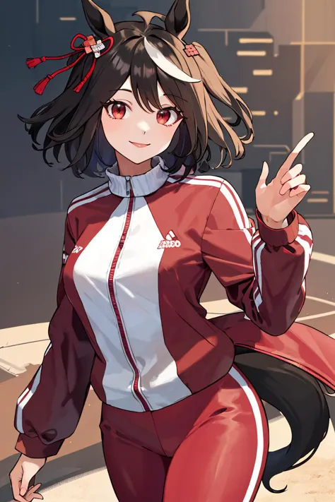 ((masterpiece,best quality)), absurdres, Kitasan_Black_Umamusume, animal ears, short hair, streaked hair, hair ornament, horse tail, tracen training uniform, red jacket, track jacket, long sleeves, red pants,  solo, smiling, looking at viewer, cowboy shot,