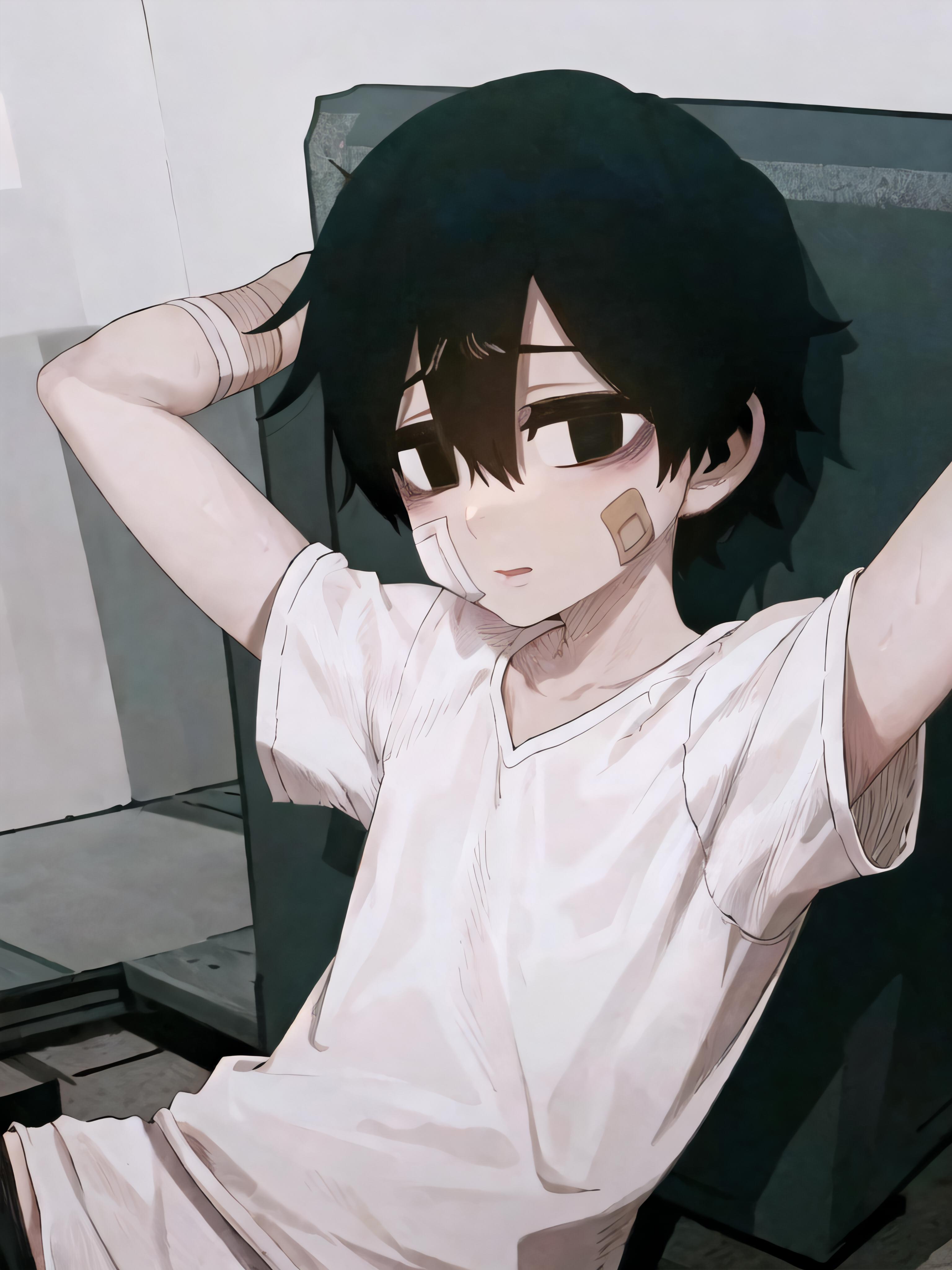 Anime boy with black hair sitting in chair with his hands behind his head -  SeaArt AI