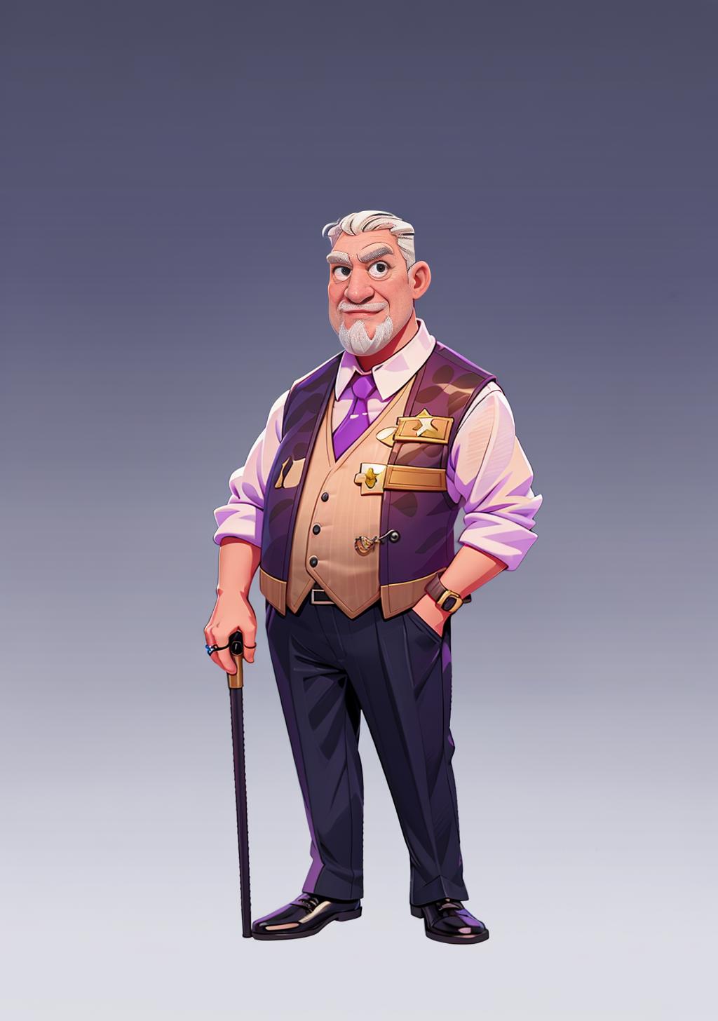 A cartoon character of a man with a cane and vest - SeaArt AI