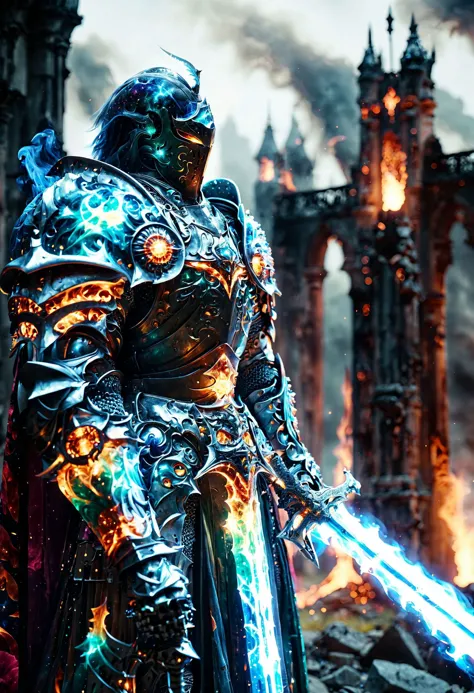 cinematic ,HKStyle, Soul Knight, brillant cosmic color necromantic armor sword, ,cape, armor infused with a robe, glowing eyes,s...
