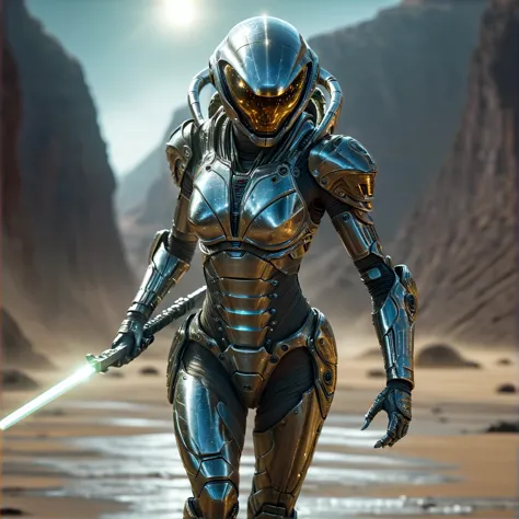 a close up of a person in a sci - fiction suit with a sword