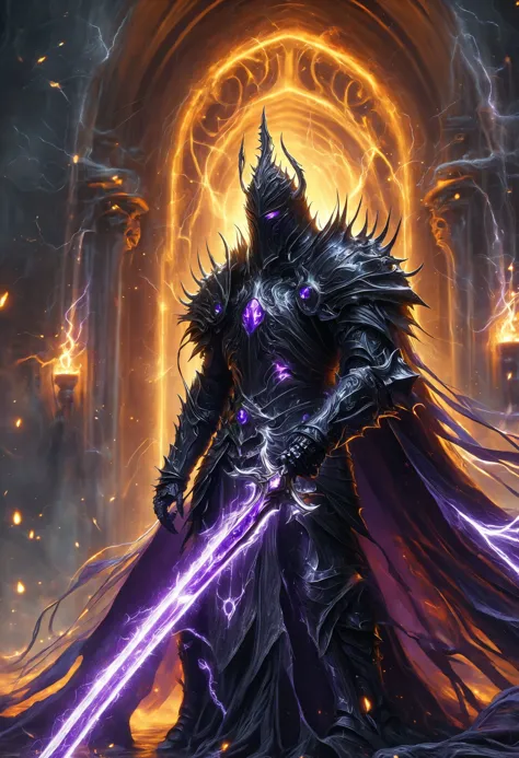 HKStyle, Soul Knight, black necromantic armor with purple elements,holding transparent purple burning and glowing crystalized sword by side,sword is grounded ,black hood and cape, armor infused with a robe, glowing purple cross eyes, nature inspired, bones as an accessory, night at the ruined city, linquivera background filled with chaotic patterns, rain, disturbing, depressing, masterpiece, HD, <lora:HKStyle_V3:1>,<lora:add-detail-xl:1>,  <lora:ral-elctryzt:1>