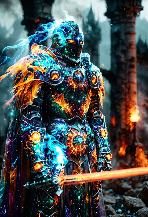 cinematic ,HKStyle, Soul Knight, brillant cosmic color necromantic armor  ,cape, armor infused with a robe, glowing eyes,smoke, ...