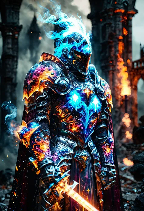 cinematic ,HKStyle, Soul Knight, brillant cosmic color necromantic armor , cape, armor infused with a robe, glowing eyes,smoke, nature inspired, night at the ruined city, disturbing, blurry background, depressing, masterpiece, HD, 