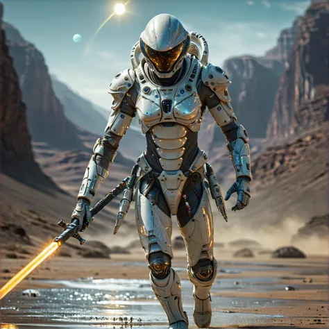 a close up of a person in a sci - fiction suit with a sword