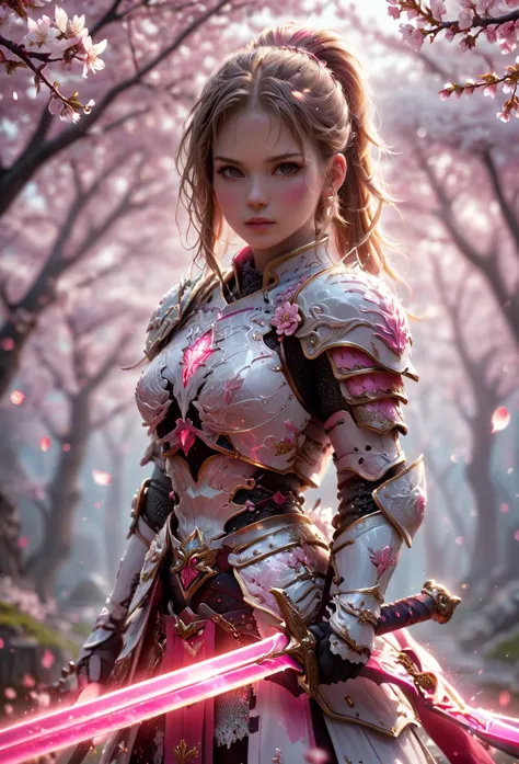 amazing quality, masterpiece, best quality, hyper detailed, ultra detailed, UHD, perfect anatomy, blurry background, outdoor,( cherry blossoms:0.6), fog, studio lighting, bright foreground, face to viewer,
(pink hybrid white) armor, female, holding, sword with ral-elctryzt, ponytail, glowing, shine, dazzling,
<lora:HKStyle:0.85>, HKStyle,
<lora:add-detail-xl:0.75>,
<lora:quality1:0.75>,
<lora:extremely_detailed:1.5>, extremely detailed,
<lora:ral-elctryzt-sdxl:0.6>,