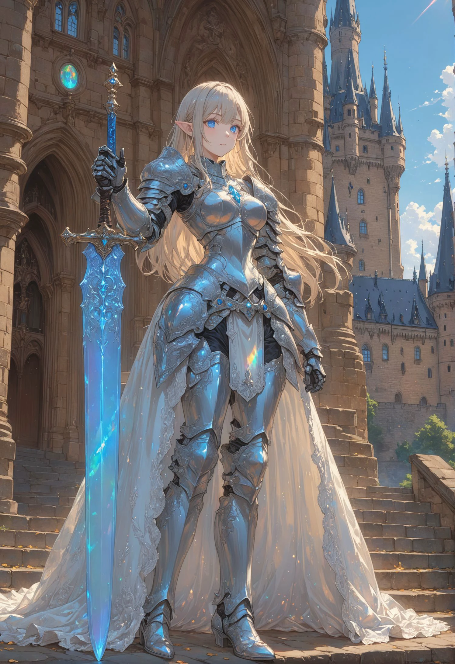 1girl, girl knight, blunt bangs, hime cut, pointy ears, [pearl:opal:0.5], very aesthetic, masterpiece, best quality, hyper detailed, ultra detailed, UHD, perfect anatomy, on the steps of Hohenzollern Castle,
sword, dazzling ,transparent, waving sword, burnished silver, steel armor, shine armor, dazzling armor,
detailed Illustration, official artwork, wallpaper, official art, extremely detailed eyes and face, beautiful detailed eyes, blue eyes,
HKStyle,
extremely detailed,
