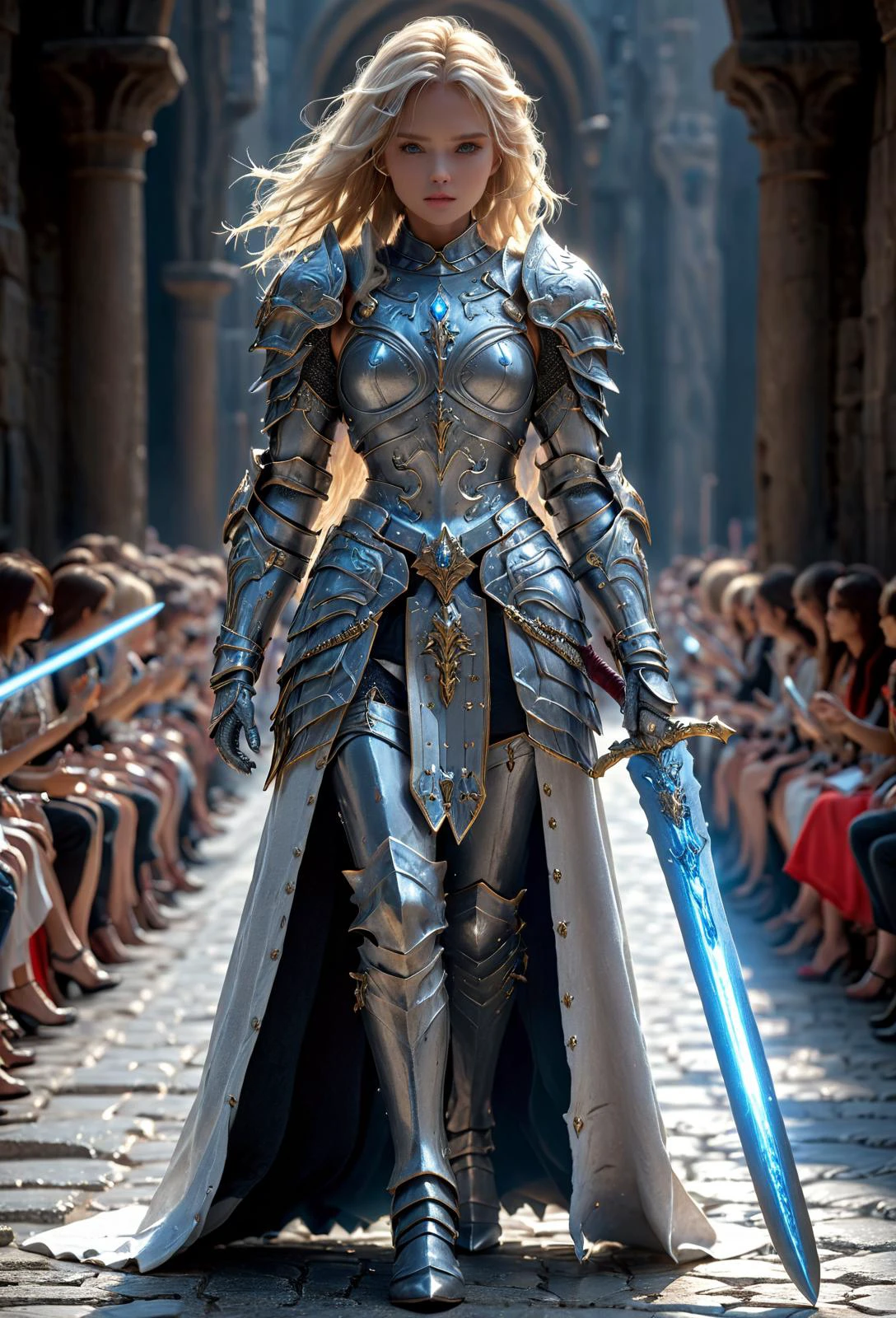amazing quality, masterpiece, best quality, hyper detailed, ultra detailed, UHD, perfect anatomy, 
fashion show, model, stylish pose, wearing fantastic armor, silver armor, holding glowing sword, runway, stone road, soft shades, blond hair, hand up,
HKStyle,
extremely detailed,