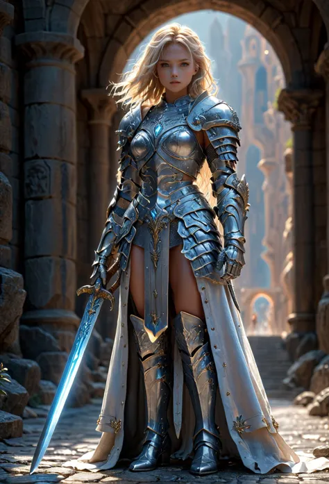 a woman in armor standing in an archway with a sword