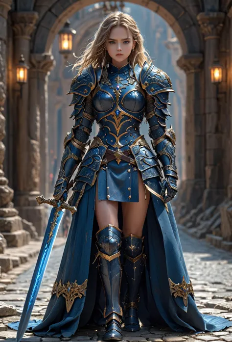 a woman in armor standing in a stone alley with a sword