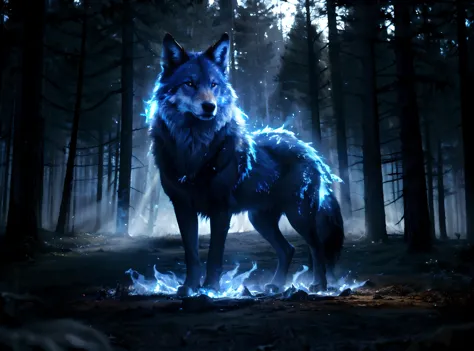 a wolf standing in the middle of a forest with blue fire and smoke around it's legs and head, cryengine, ray tracing, concept ar...