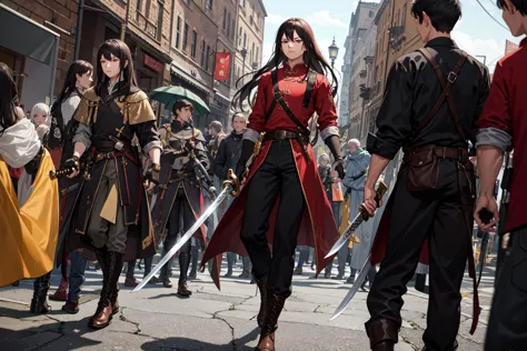 <lora:navarre_fe_v1:.75> Navarre, 1man, long hair, boots, belt, side slit, pants, black legwear, chinese clothes, red shirt, long sleeves, sheath, sword, katana, brown footwear, elbow gloves, fingerless gloves, solo, focus, walking, medieval village, from side, crowd, holding weapon, holding sword, soft light, serious look, impatient, <lora:UnlimitedBladeWorks:.9> one handed sword