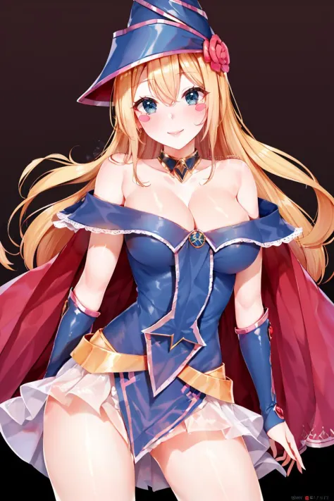 <lora:Puppypaww_Style:0.8>, ((masterpiece,best quality)), absurdres, <lora:dark_magician_girl_v1:0.7>, hmdmg1, wizard hat, blush, blush stickers, cleavage, bare shoulders, dress, off shoulder, solo, smiling, looking at viewer, cowboy shot, cinematic compos...