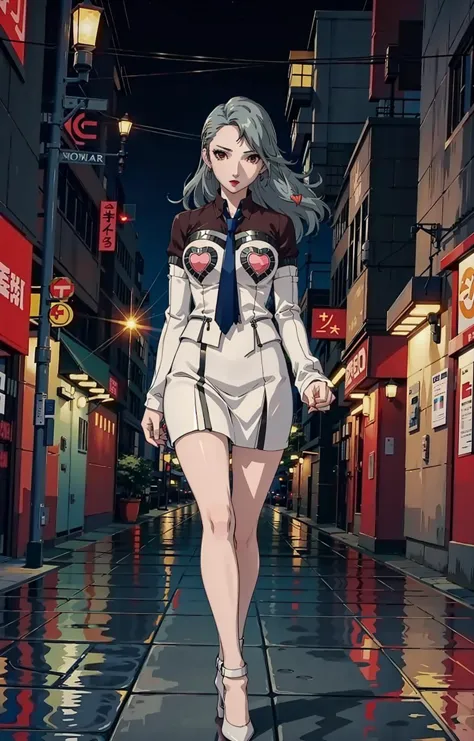 outside:3, Shibuya streets, nighttime, look at viewer, stilettos, saep5, standing,earrings, silver hair, long hair,  brown multi...