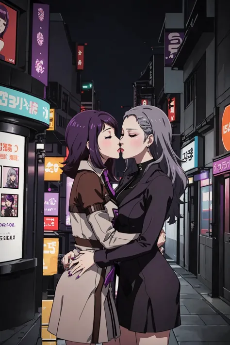 Two women kissing, (eyes closed):5, standing, outside Shibuya,("Maya Amano [Persona], brown multicolor short dress, tie, purple ...