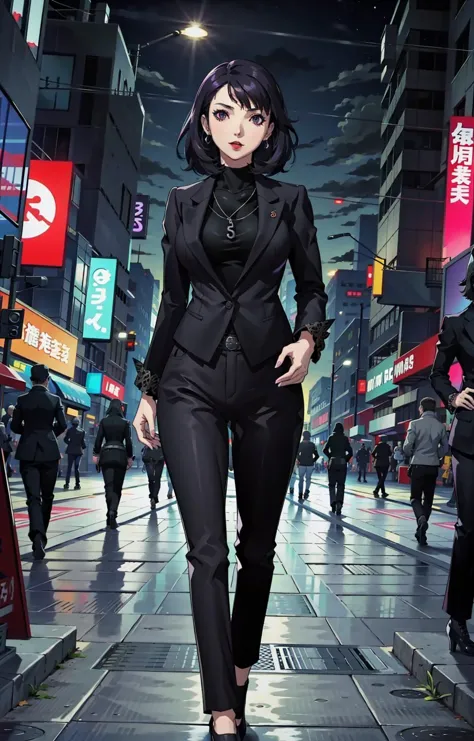 outside:3, Shibuya streets, nighttime, look at viewer, stilettos, Maya Amano [Persona], short black hair, purple eyes, standing,earrings, p5cl, large breasts, hands in fists 