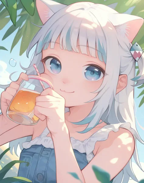 anime girl drinking a glass of tea in the jungle