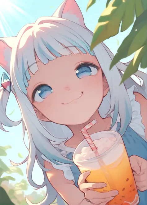 anime girl with blue eyes holding a drink in her hand