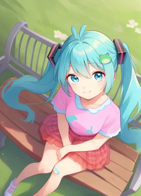 anime girl sitting on a bench in a park with a flower in her hair