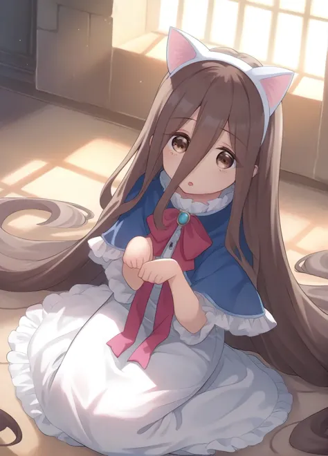 anime girl with long brown hair sitting on floor with cat ears