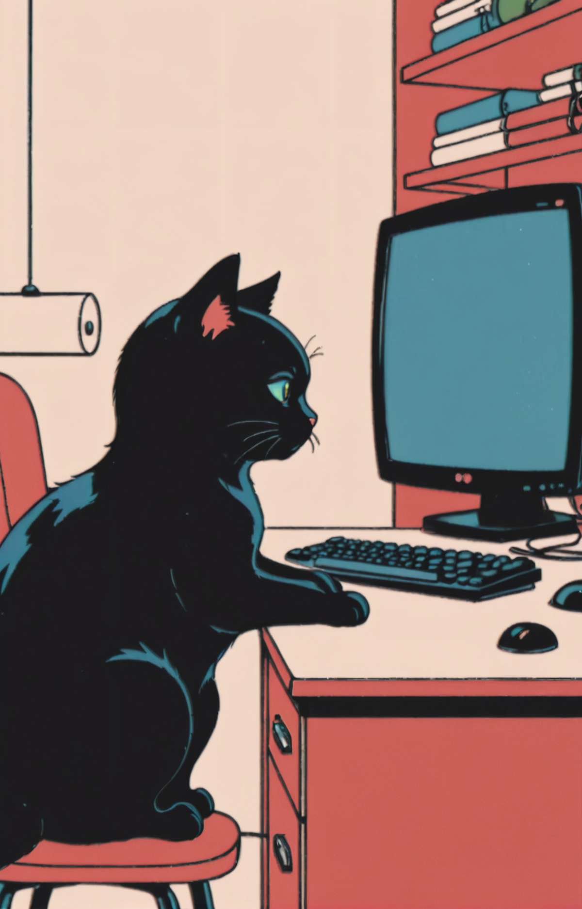 There is a black cat sitting on a chair in front of a computer - SeaArt AI