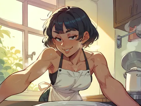 anime girl in apron washing dishes in kitchen with window