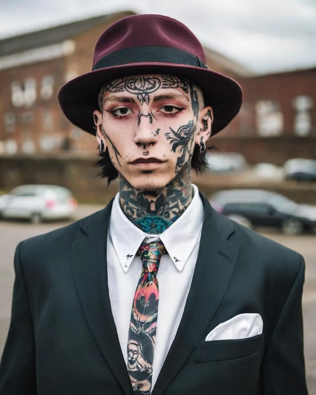 a man with a hat and a suit jacket ,  alt_style , alternative culture , alternative style , tattoos:0.2,  