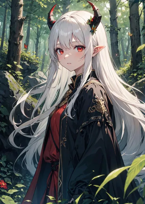 field, 1girl, white_hair, long_hair, red_eyes, very_long_hair, horns, forest, rocks, solo, solo_focus, night, butterflies, flowers, leaves, highly detailed, detailed background