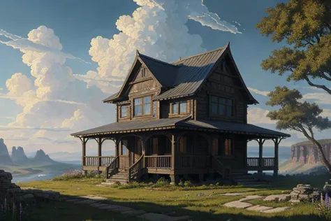 {{a house in the sky}},(best quality), masterpiece, best quality, high quality,scenery, outdoors,landscape, professional (landscape painting) of nature,Depth of Field,Photorealistic,extremely detailed,High Detail,  (ultra highres),  (hyper-detailed), (super detail:1.3), professional lighting, cinematic lighting