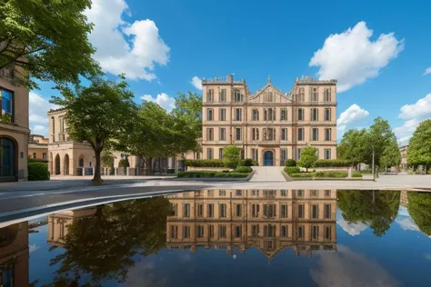 a view of a large building with a fountain in front of it