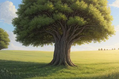 painting of a tree in a field with a sky background