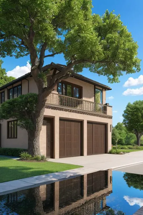 a rendering of a house with a pool and a large tree