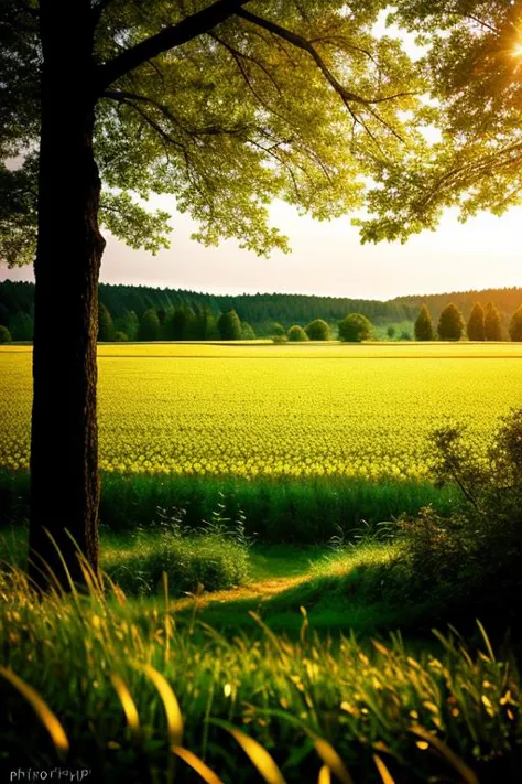 a view of a field with a tree and a field of grass