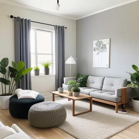 living room, bright, modern, simple, comfortable, walls, creamy white, dark gray, carpet, tranquil, cozy, sofa, gray fabric, soft cushions, wooden coffee table, painting, artistic, potted green plants, natural vitality, tasteful, warm, family gatherings, hanging out, friends, unwinding.