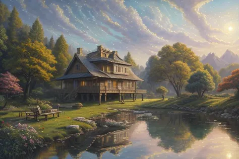 {{a house in the sky}},(best quality), masterpiece, best quality, high quality,scenery, outdoors,landscape, professional (landscape painting) of nature,Depth of Field,Photorealistic,extremely detailed,High Detail,  (ultra highres),  (hyper-detailed), (super detail:1.3), professional lighting