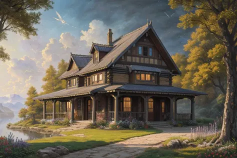 {{a house in the sky}},(best quality), masterpiece, best quality, high quality,scenery, outdoors,landscape, professional (landscape painting) of nature,Depth of Field,Photorealistic,extremely detailed,High Detail,  (ultra highres),  (hyper-detailed), (super detail:1.3), professional lighting