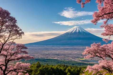 magnificent scenery, wide landscape, sharp and crisp background, very beautiful landscape, Mt Fuji, (cherry blossoms:0.4), best quality, masterpiece, ultra high res, dark blue light, cloudy, photo, photorealistic, wide view, kkw-ph1