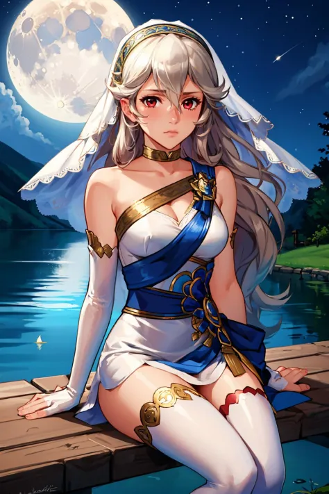 masterpiece, best quality, adrCorrin, white dress, veil, single glove, single thighhigh, lake, lakeside, night, sitting, looking at viewer, moon, emotionless 