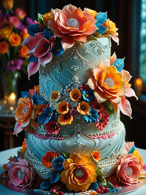 brightly colored flowers decorate a three tiered cake on a table