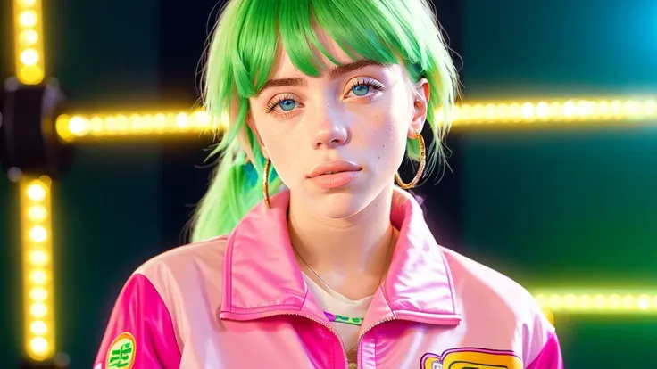 a close up of a person with green hair and a pink jacket