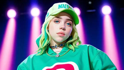 a close up of a person wearing a green shirt and a hat