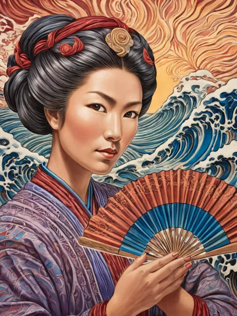 a painting of a woman holding a fan in front of a wave