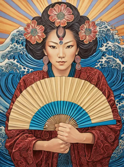 a woman holding a fan, Amanda Sage style,  <lora:last-000002:0.75>,
utagawakuniyoshixl,  <lora:UtagawaKuniyoshiXL_v1:0.38>, wave,
bold colors, high contrast, extremely detailed, high quality, highly detailed,