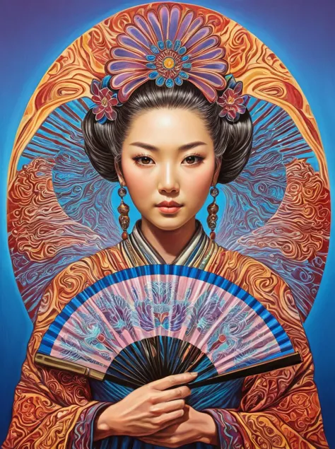 a painting of a woman holding a fan and wearing a colorful dress